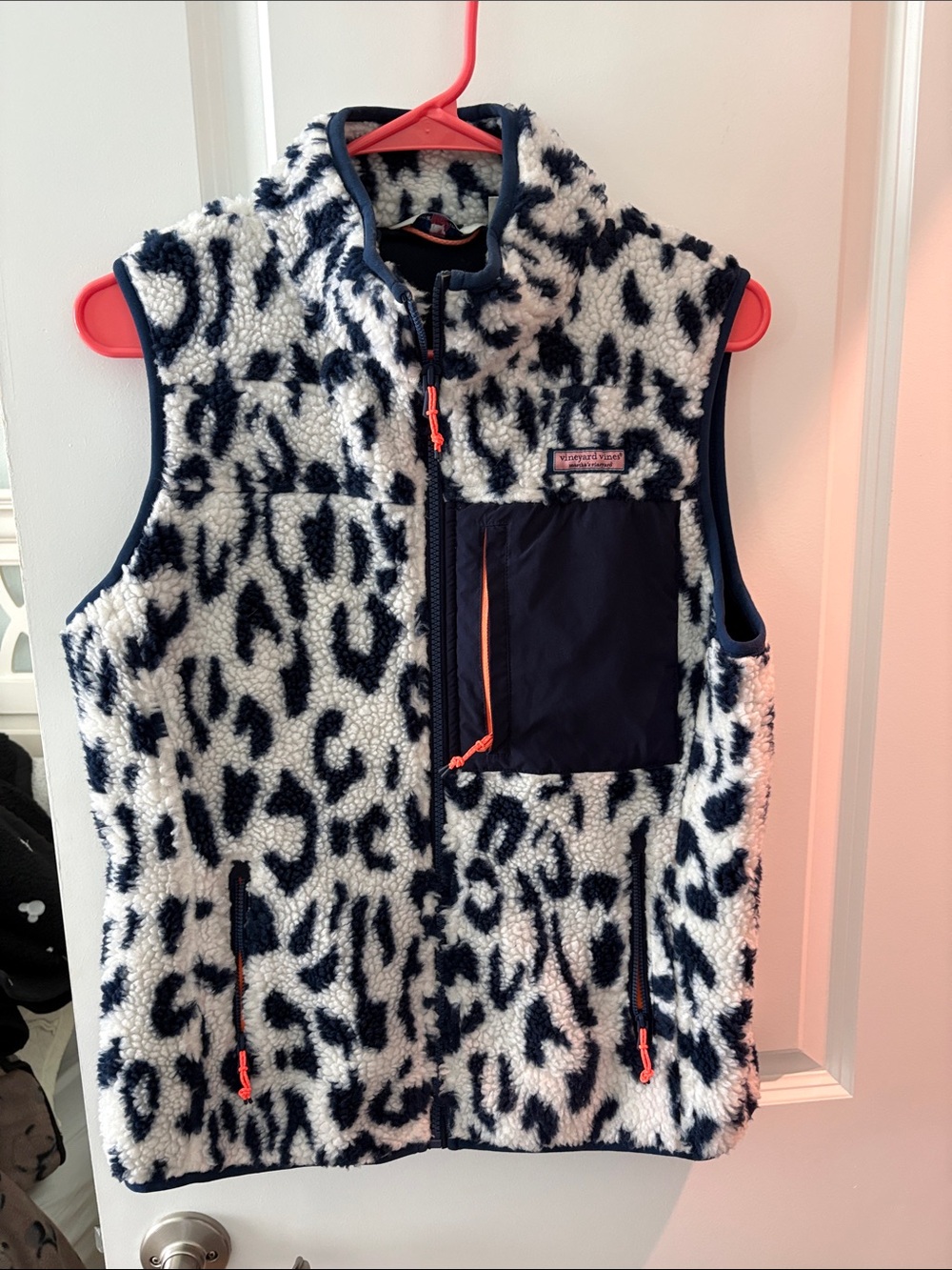 Vineyard Vines Navy and White Sherpa Leopard Vest with Accent Zippers